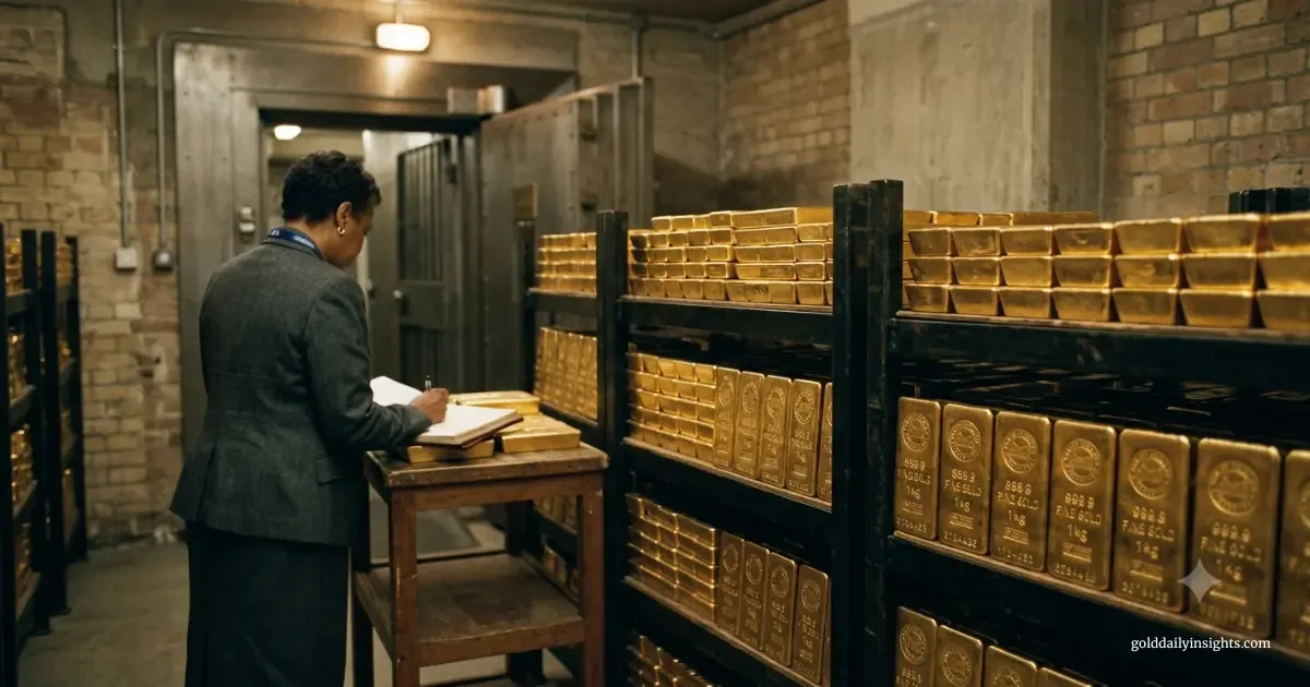An official auditing stacked gold bullion bars inside a central bank vault, representing national gold reserves.
