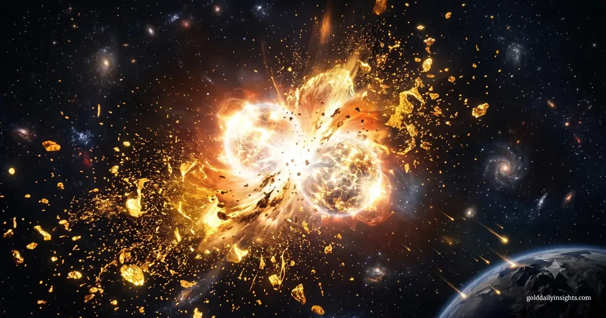 A cosmic depiction of a neutron star collision ejecting a massive cloud of glowing molten gold, with gold fragments falling like meteors towards a dark planet.