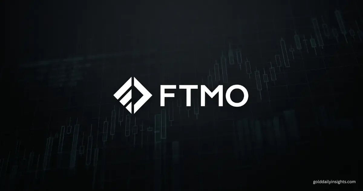 The FTMO logo displayed clearly over my dark XAU/USD candlestick chart background.