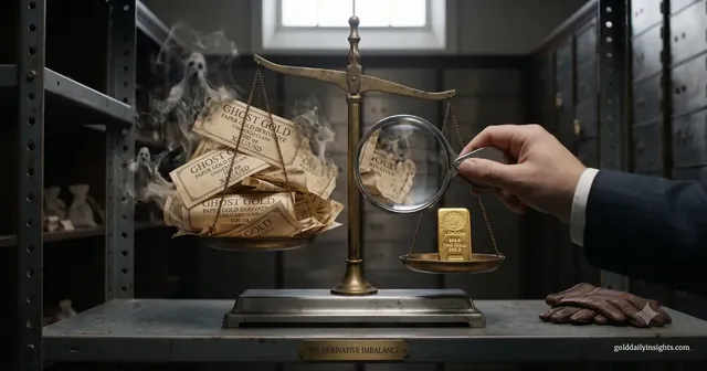 A vintage balance scale in a bank vault. One side holds a large pile of smoking paper contracts labelled 'Ghost Gold', whilst a person in a suit inspects a single physical gold bar on the other side with a magnifying glass.