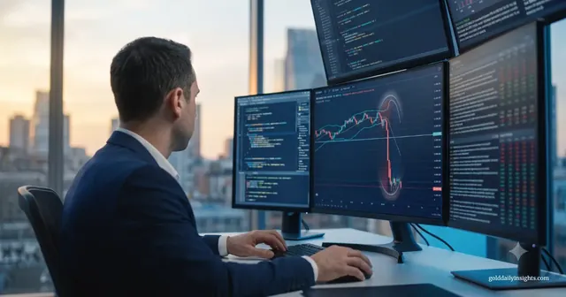 Rear view of a trader at my four-monitor desk, analysing chaotic gold charts after a flash crash.