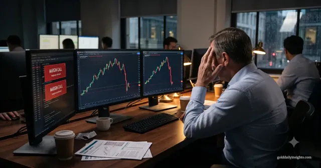My view of a stressed trader facing a red margin call warning and crashing charts on his trading screens.