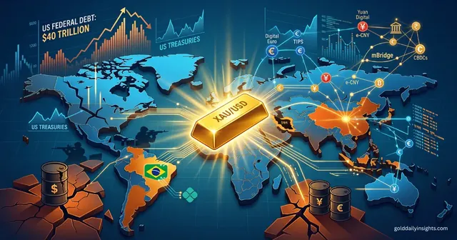 A conceptual world map showing alternative digital payment rails, US debt, and a central XAU/USD gold bar.
