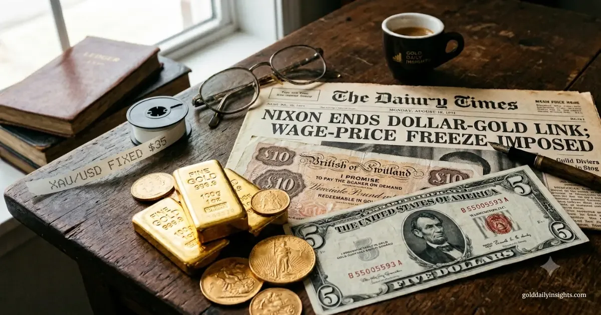 A vintage 1971 desk scene featuring gold bullion, old US dollars, British pound notes, a ticker tape reading 'XAU/USD FIXED $35', and a newspaper headline 'Nixon Ends Dollar-Gold Link'.