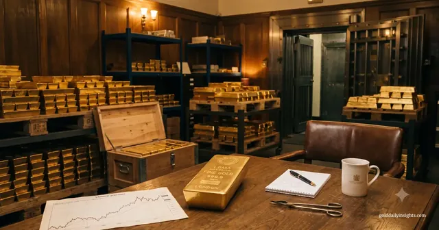 A secure institutional gold vault filled with stacked bullion bars, featuring a wooden desk in the foreground with a stamped LBMA gold bar, market charts, and notes.