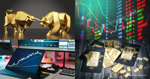 A graphic showing a golden bull and bear, a price chart on a tablet, a trading desk, and physical gold bars.