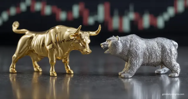 A golden bull and silver bear facing off against a blurred chart, illustrating market tension in my daily gold analysis.