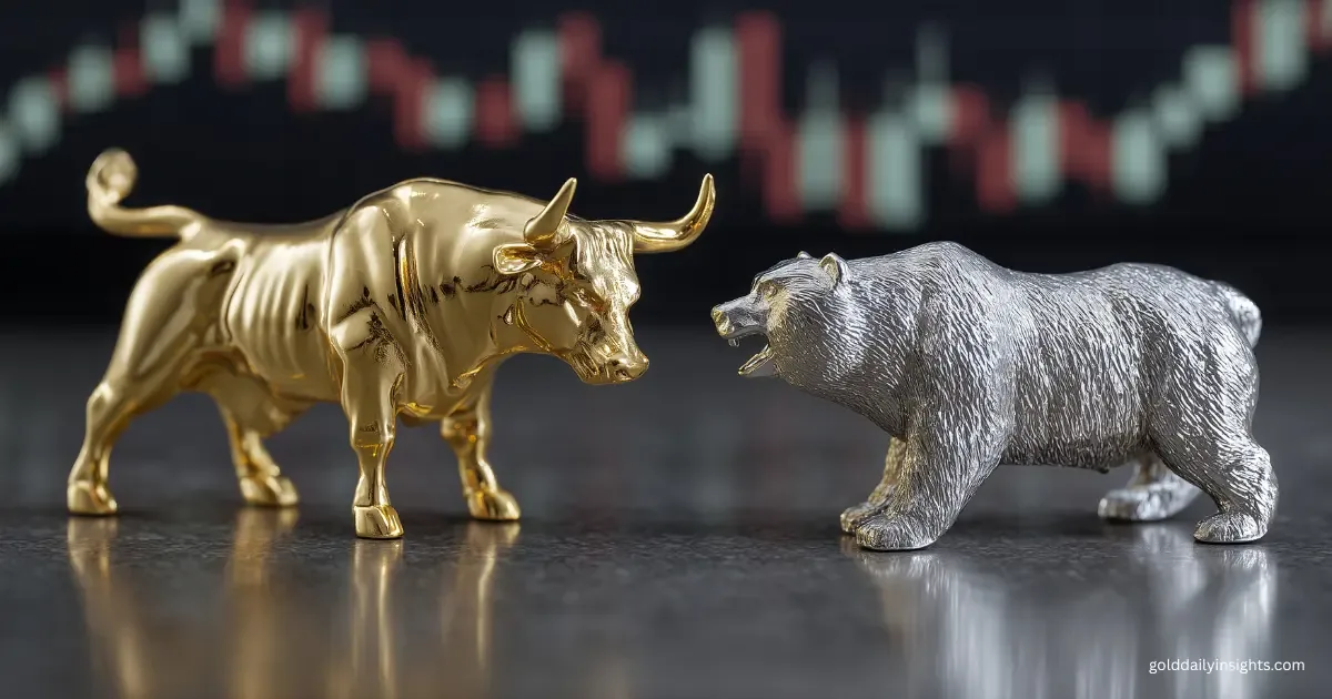 A golden bull and silver bear facing off against a blurred chart, illustrating market tension in my daily gold analysis.