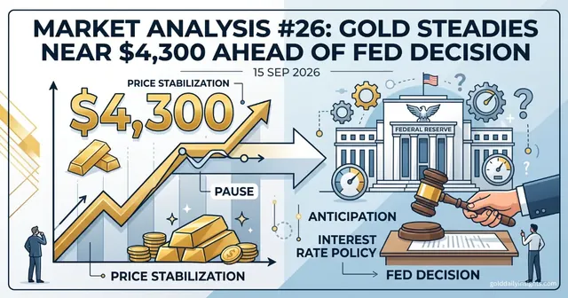 Gold price steadying near $4,300 ahead of the Federal Reserve's September 2026 interest rate decision, with icons for anticipation and the Fed building