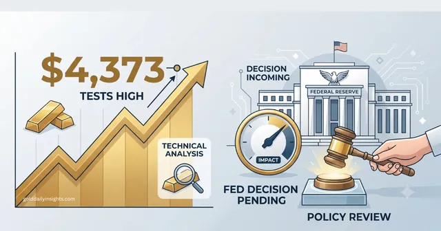 My graphic showing gold testing $4,373 resistance beside the Fed's policy review