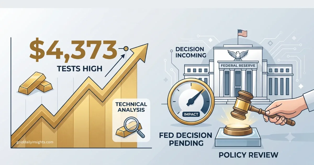 My graphic showing gold testing $4,373 resistance beside the Fed's policy review