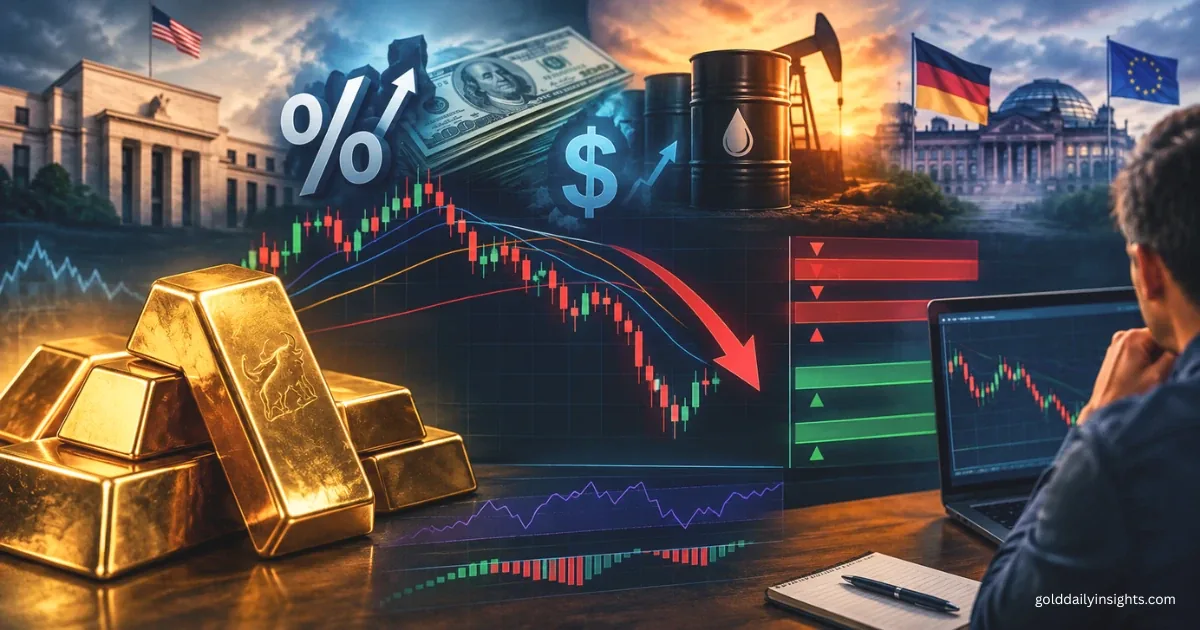 Gold outlook graphic showing the Fed, a firm dollar, oil and a falling XAU/USD chart