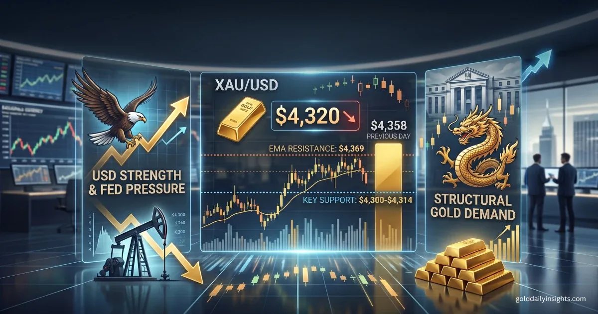 Featured graphic for XAU/USD analysis showing $4,320 price, EMA resistance and key support levels