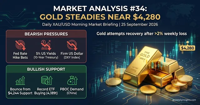 My gold briefing infographic for 25 September: bearish Fed, yields and dollar pressures against bullish ETF and PBOC support