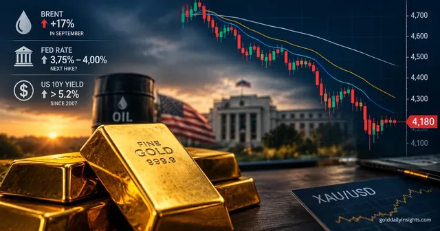 My illustration of gold bars, an oil barrel and the Fed building beside a falling XAU/USD chart at 4,180