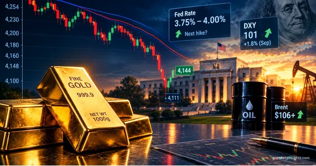 My illustration of gold bars beside a falling XAU/USD chart, with Fed rate, DXY and Brent oil labels