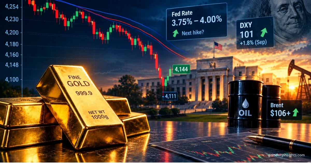 My illustration of gold bars beside a falling XAU/USD chart, with Fed rate, DXY and Brent oil labels