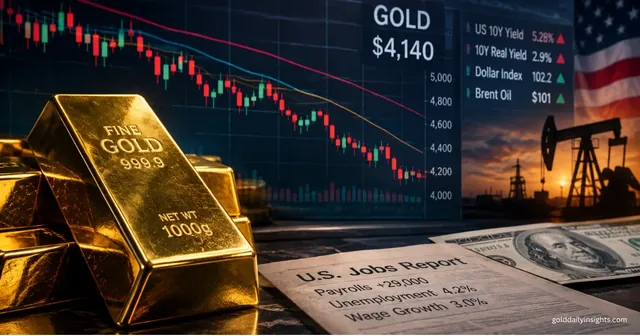Gold bar beside a falling chart, with US yields, dollar index, Brent and jobs data behind my 5 October gold analysis