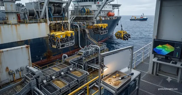 A research vessel deck showing deep-sea exploration equipment, including yellow ROVs, sample sorting conveyors, and a seabed monitoring screen.