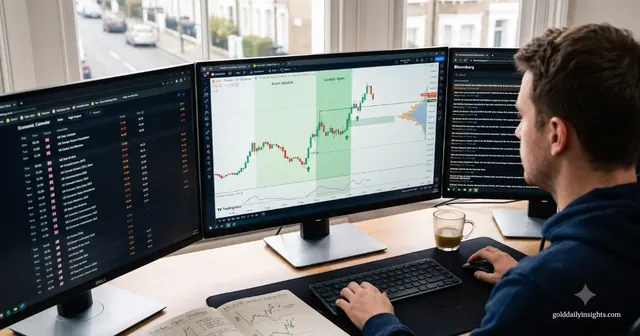 A standard trading desk I often observe, showing three screens with an economic calendar and a XAU/USD chart.