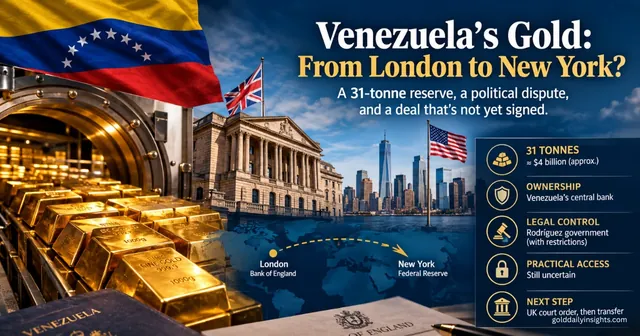 My infographic of gold bars in a vault and a dotted arrow from the Bank of England to New York, with key facts