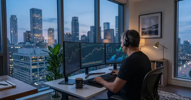 A trader analysing charts on three monitors, illustrating the focused professional desktop environment I recommend for gold.