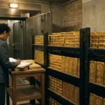 An official auditing stacked gold bullion bars inside a central bank vault, representing national gold reserves.