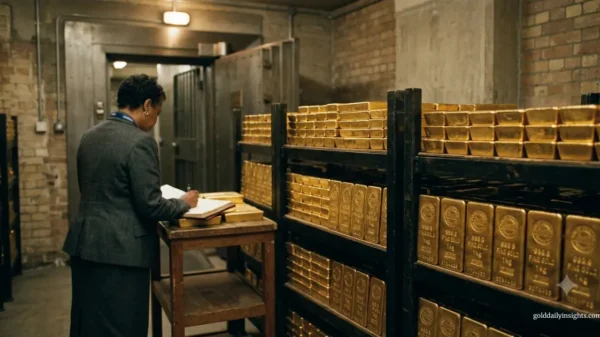 An official auditing stacked gold bullion bars inside a central bank vault, representing national gold reserves.