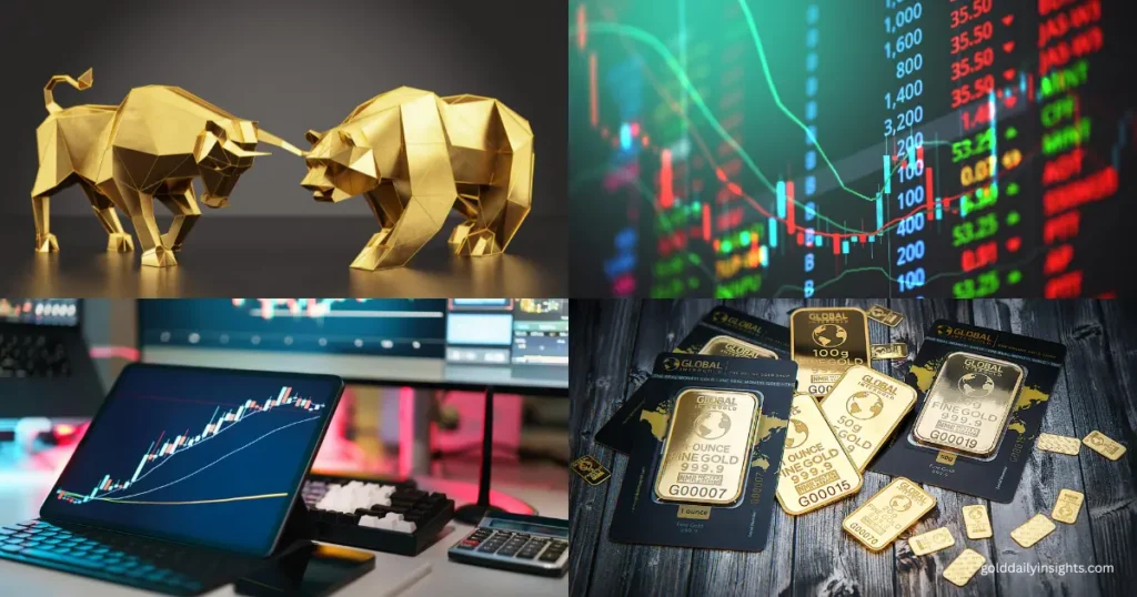 A graphic showing a golden bull and bear, a price chart on a tablet, a trading desk, and physical gold bars.