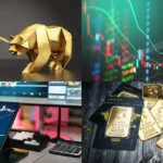 A graphic showing a golden bull and bear, a price chart on a tablet, a trading desk, and physical gold bars.