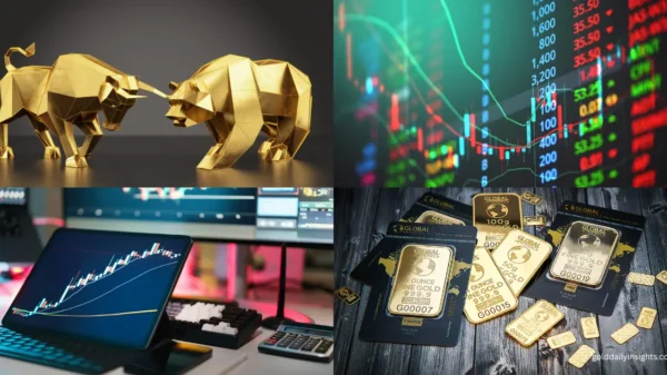 A graphic showing a golden bull and bear, a price chart on a tablet, a trading desk, and physical gold bars.