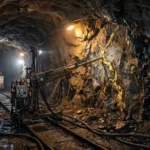 A dark underground gold mine tunnel featuring mechanised drilling equipment positioned next to a visible gold vein in the rough rock face, illuminated by warm overhead lighting.