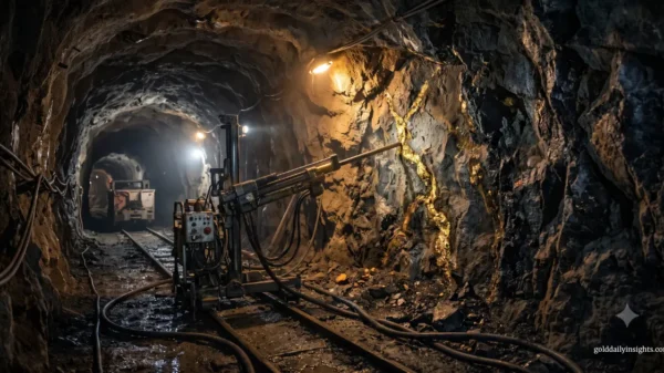 A dark underground gold mine tunnel featuring mechanised drilling equipment positioned next to a visible gold vein in the rough rock face, illuminated by warm overhead lighting.