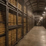 My representation of a concrete vault corridor showing gold bars in metal cages, leading to a massive circular steel door.