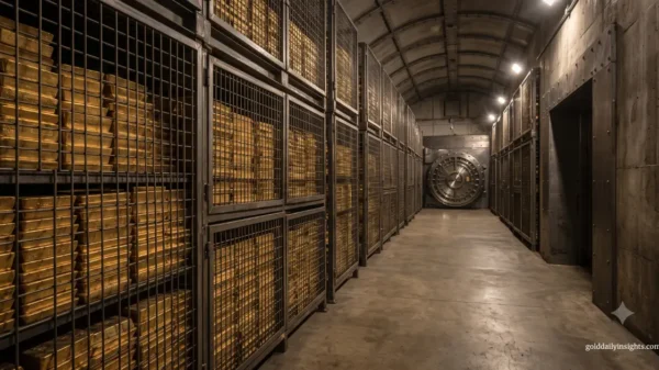 My representation of a concrete vault corridor showing gold bars in metal cages, leading to a massive circular steel door.