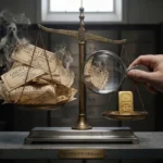 A vintage balance scale in a bank vault. One side holds a large pile of smoking paper contracts labelled 'Ghost Gold', whilst a person in a suit inspects a single physical gold bar on the other side with a magnifying glass.