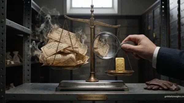 A vintage balance scale in a bank vault. One side holds a large pile of smoking paper contracts labelled 'Ghost Gold', whilst a person in a suit inspects a single physical gold bar on the other side with a magnifying glass.