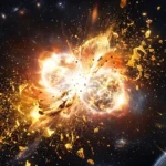 A cosmic depiction of a neutron star collision ejecting a massive cloud of glowing molten gold, with gold fragments falling like meteors towards a dark planet.