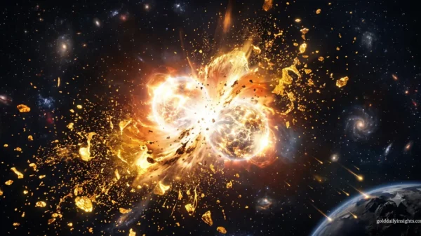 A cosmic depiction of a neutron star collision ejecting a massive cloud of glowing molten gold, with gold fragments falling like meteors towards a dark planet.