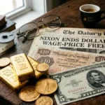 A vintage 1971 desk scene featuring gold bullion, old US dollars, British pound notes, a ticker tape reading 'XAU/USD FIXED $35', and a newspaper headline 'Nixon Ends Dollar-Gold Link'.