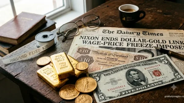 A vintage 1971 desk scene featuring gold bullion, old US dollars, British pound notes, a ticker tape reading 'XAU/USD FIXED $35', and a newspaper headline 'Nixon Ends Dollar-Gold Link'.