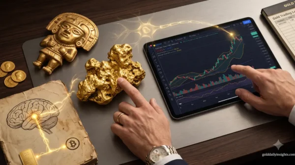 A trader analysing an XAU/USD chart near raw gold and a brain diagram, illustrating my perspective on the market.