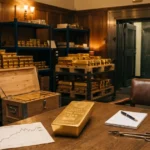 A secure institutional gold vault filled with stacked bullion bars, featuring a wooden desk in the foreground with a stamped LBMA gold bar, market charts, and notes.