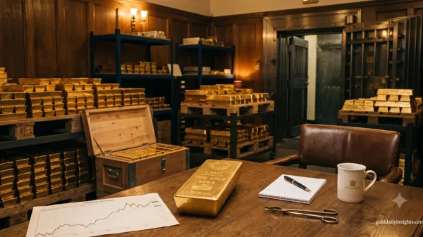 A secure institutional gold vault filled with stacked bullion bars, featuring a wooden desk in the foreground with a stamped LBMA gold bar, market charts, and notes.