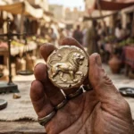 Ancient Lydian electrum coin with a lion emblem held in a hand at an ancient market.
