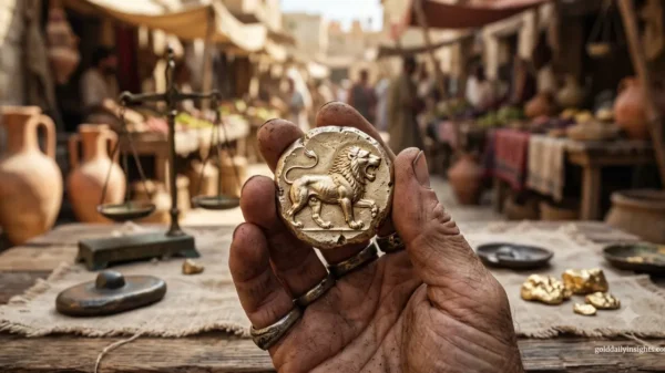 Ancient Lydian electrum coin with a lion emblem held in a hand at an ancient market.