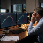 My view of a stressed trader facing a red margin call warning and crashing charts on his trading screens.