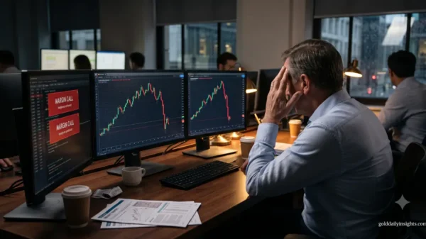 My view of a stressed trader facing a red margin call warning and crashing charts on his trading screens.