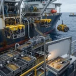 A research vessel deck showing deep-sea exploration equipment, including yellow ROVs, sample sorting conveyors, and a seabed monitoring screen.