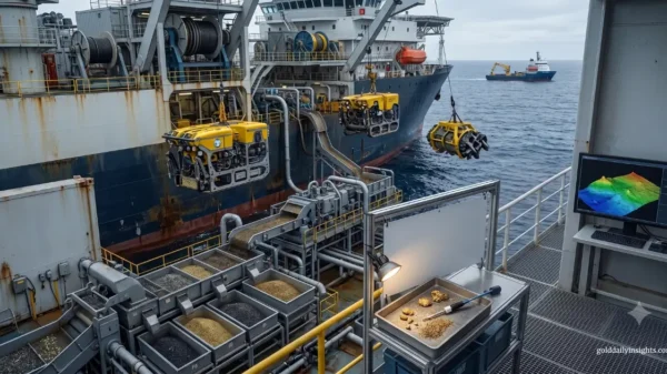 A research vessel deck showing deep-sea exploration equipment, including yellow ROVs, sample sorting conveyors, and a seabed monitoring screen.